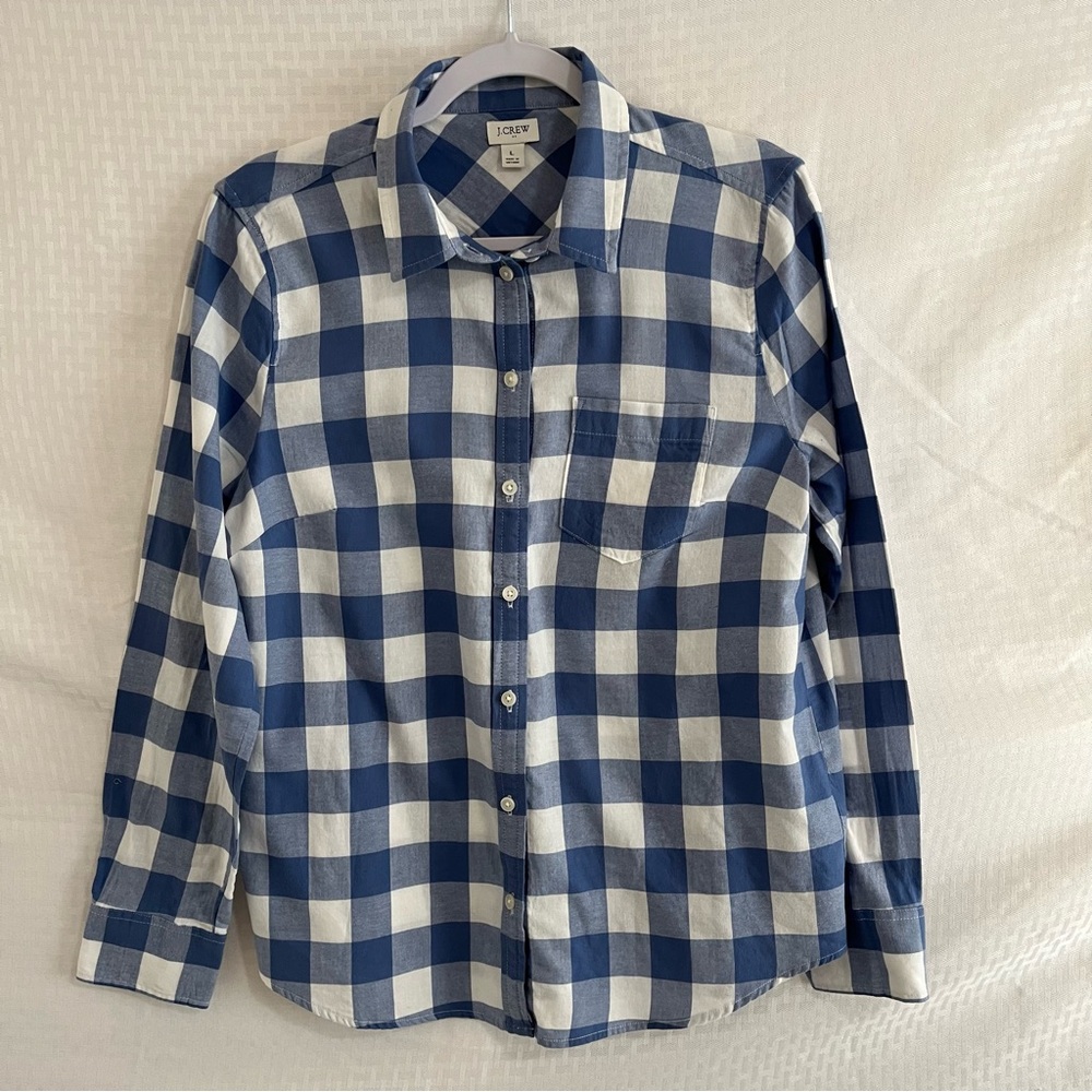 J. Crew Long Sleeve Button Up Blue White Plaid Shirt Size Large